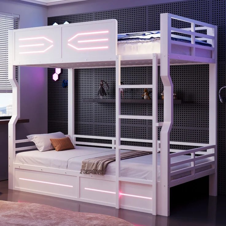 ZUBALIYA Etagenbett 90 × 200 cm, Metall, LED-Beleuchtung, Weiß – Bild 1
