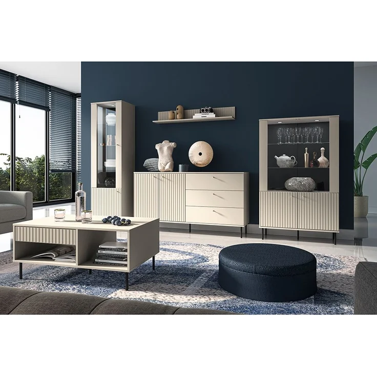 Wohnzimmer Vitrine SALOU-131 in kaschmir matt, goldfarbene Metallgriffe, B/H/T ca. 55/190/40 cm – Bild 10