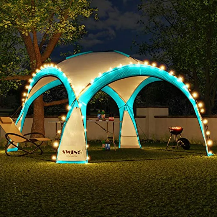 Swing & Harmonie LED Event Pavillon DomeShelter 3,6 x 3,6m mit Solarmodul, 96 LEDs, inkl. Seitenwände, wasserabweisend, uv-beständig, türkis