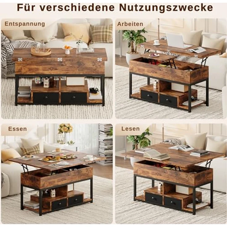IRONCK Couchtisch Höhenverstellbar, LED Wohnzimmertisch mit Steckdosen | 2AC+USB+USB‑C, Kaffeetisch Holz, 2 Schubladen, Umwandelbar Esstisch 100×80cm, Vintagebraun – Bild 7