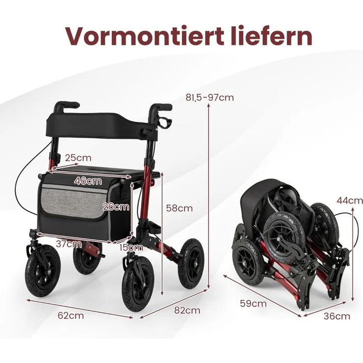 Rollator mit Luftbereifung faltbar und leicht mit Sitz Aluminium bis 140 kg 2 in 1 Rollstuhl Rot – Bild 2
