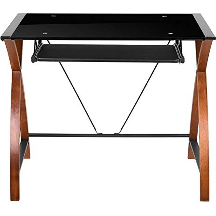 Flash Furniture Jude Eck-Computertisch mit ausziehbarer Tastaturablage aus Glas, L-Form, Schwarz – Bild 7