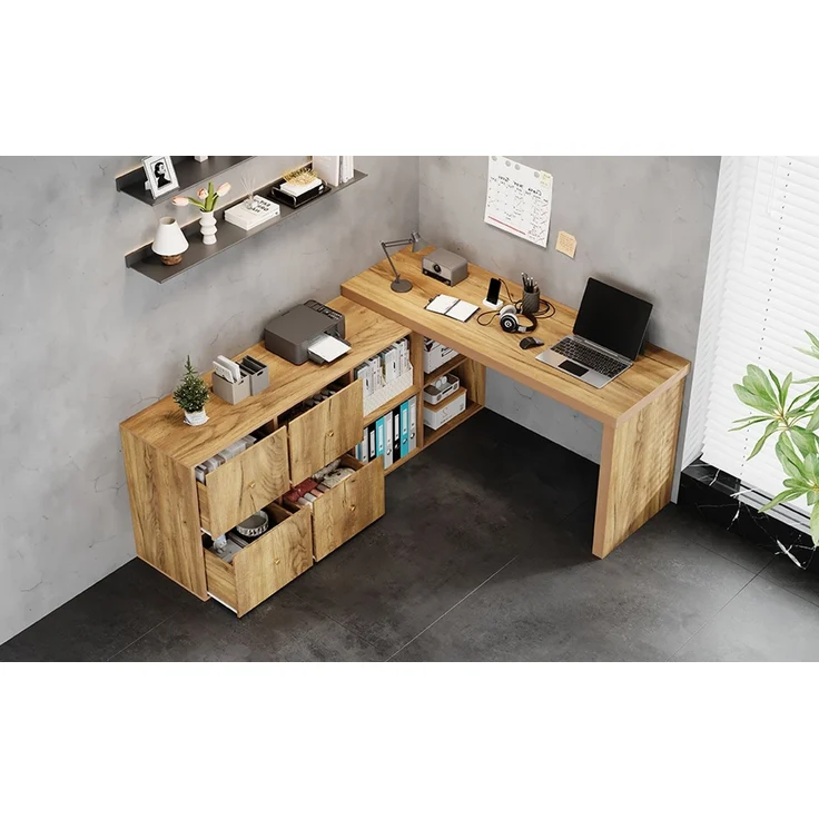 ZUBALIYA Ecktisch, Tischplatte 360°schwenkbar- L-förmig oder gerade aufstellbar,Tischplatte und Beine 4 cm verstärkt, mit 4 Fächern, 4 Schubladen - Schreibtisch,Eichenoptik, nach links gerichtet – Bild 18