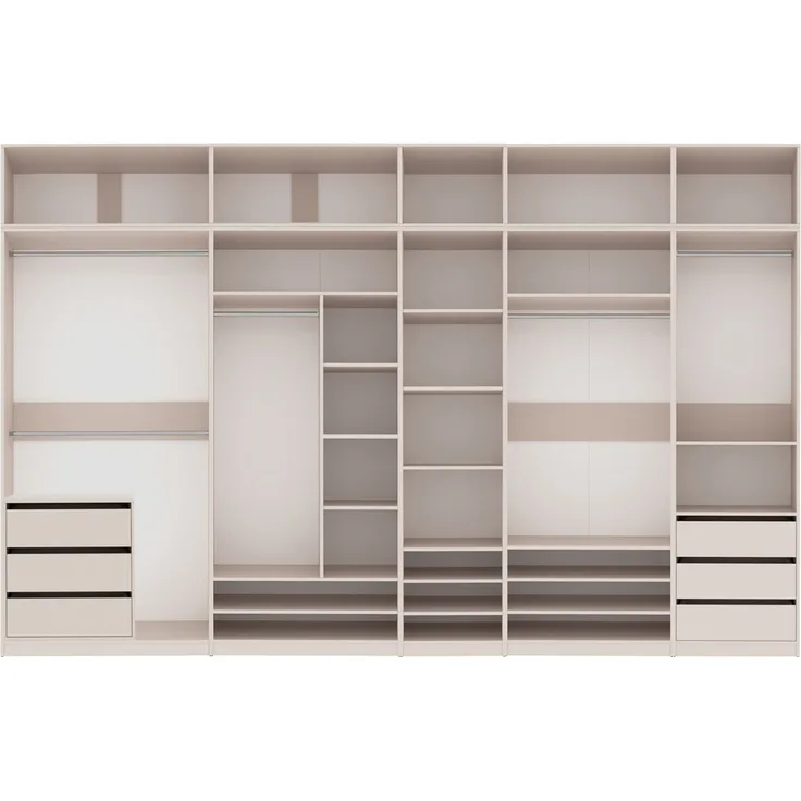 Marmex Möbel Tres Set-R/N Hoher Kleiderschrank mit Aufsatz, großer offener Einbauschrank, Kompaktgarderobe für Kleidung und Schuhe, Ankleidezimmer Möbel, laminierte Spanplatte, graubeige cashmere 380x246x51 cm