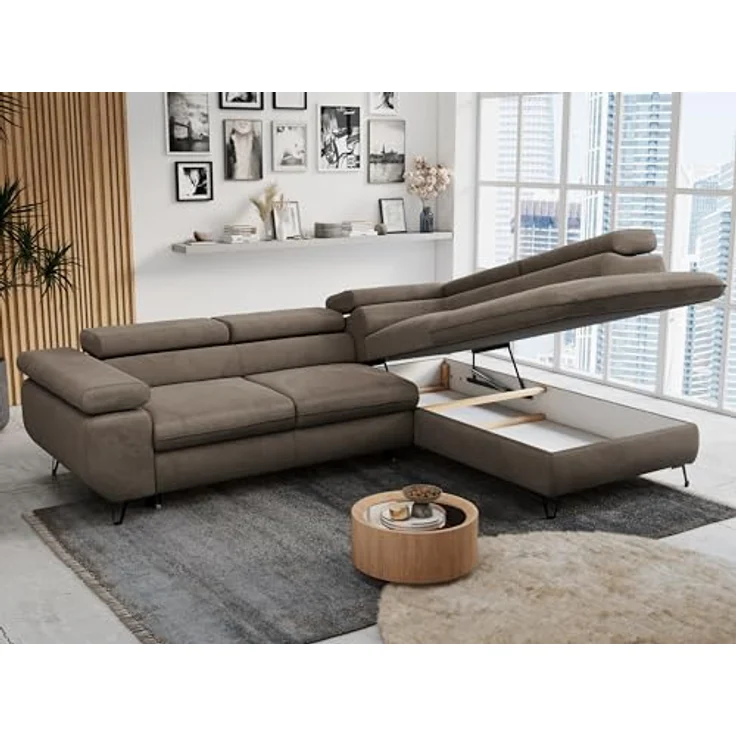 Mks Möbel 'Peter L-form' Ecksofa mit Bettfunktion, Bettkasten & einstellbaren Kopfstützen, Braun, Velours, rechts – Bild 5