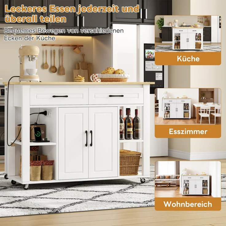 Merax 120 cm Kücheninsel mit Bartheke und Steckdosen, mit 2 Schubladen und 2 Schranktüren mit Türregalen, weiß – Bild 5