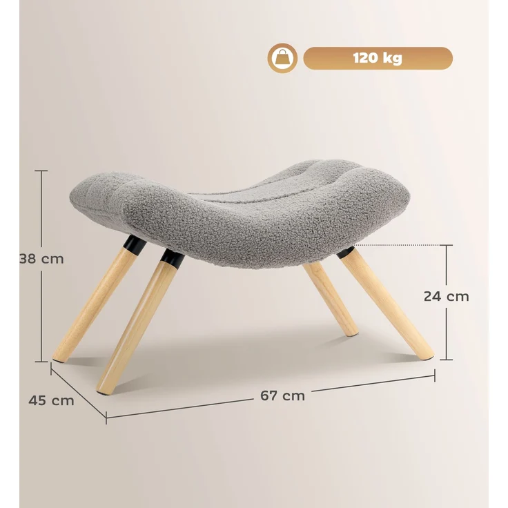 Moderner Fußhocker mit Fleece-Bezug und Holzbeinen, gepolstert, für Wohnzimmer, Schlafzimmer, Flur, Hellgrau--Hellgrau--67x45x38cm--YOUDENOVA – Bild 5
