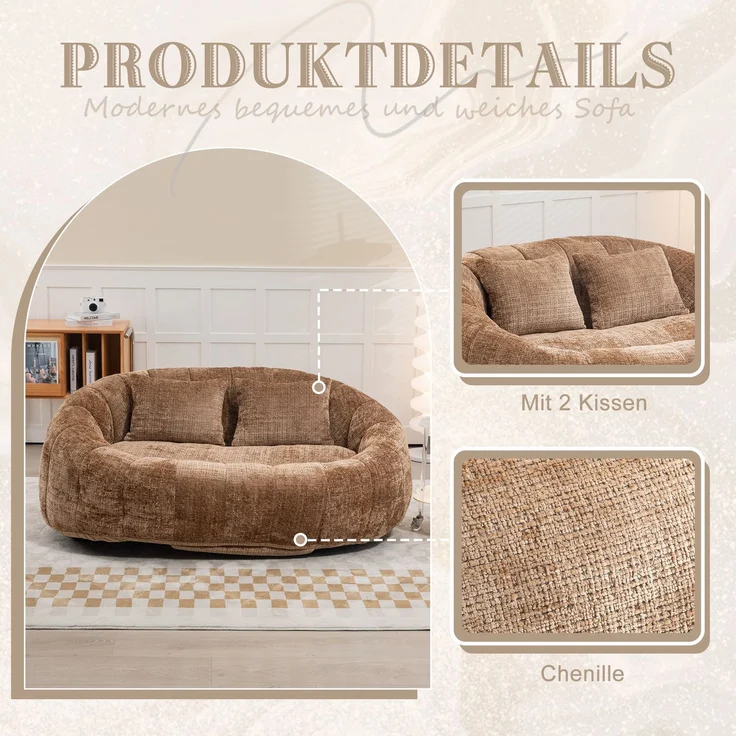 LVHOM Sitzsack XXL, Bean Bag mit Sitzpuff, Bodensofa mit 2 Kissen, 2-Sitzer-Sofa aus Chenille, 145x95x63cm – Bild 5