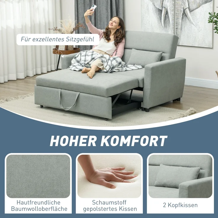 Schlafsofa 2 in 1 Gästebett 155x90 cm Rollen verstellbare Rückenlehne Stoff Sofa Bett Tagesbett Lounge Hellgrau – Bild 5