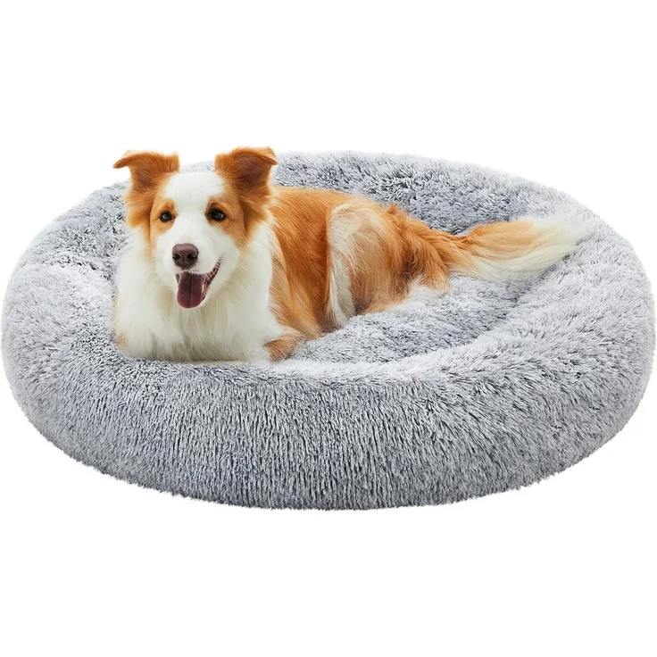 Feandrea Hundebett flauschig, Katzenbett, Donut Kissen, waschbar, Polsterung in der Mitte herausnehmbar, Langer Plüsch, 90 cm Durchmesser, Ombré-Grau PGW041G01 – Bild 1
