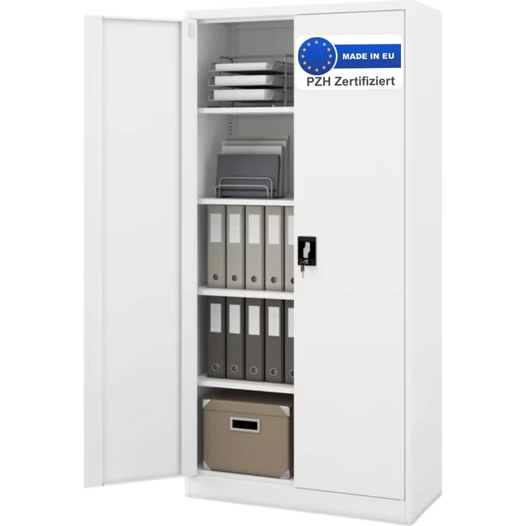 Aktenschrank abschließbar KADO - 5 Ebenen verstellbar, Flügeltüren | Metallschrank Werkstatt Mehrzweckschrank Büroschrank aus Stahl Werkzeugschrank, 195x90x40cm Weiß – Bild 1
