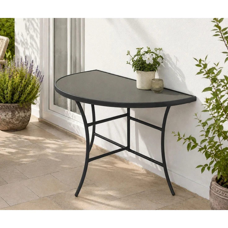 DEGAMO Gartentisch PALERMO, Anstelltisch halbrund 58x110cm, Metall anthrazit, Glas grau – Bild 3