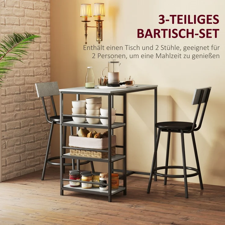 HOMCOM Bartisch Set, Stahl, MDF, Hellgrau, 90L x 50B x 90,5H cm – Bild 4