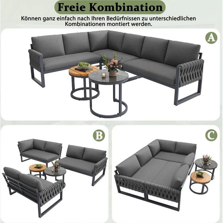 Gartenmöbelset mit verstellbare Beine, wasserabweisenden & abnehmbaren Kissen,Gartenlounge Set für 5-6 Personen, modular für Balkon Garten Terrasse,inklusive aller Sitz- und Rückenkissen, grau--Grau--70.99x65.99x43cm--YOUDENOVA – Bild 8