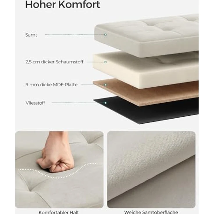 SONGMICS Sitzhocker mit Stauraum, klappbare Sitzbank, 38 x 110 x 38 cm Fußbank, Aufbewahrungsbox, bis 300 kg belastbar, für Wohnzimmer Schlafzimmer Flur, cremeweiß LSF277W01 – Bild 6