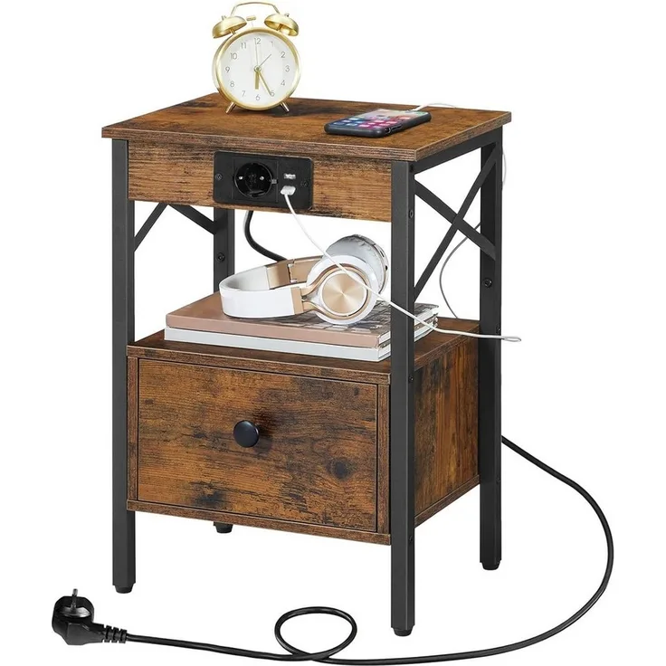 Hoobro Nachttisch mit Ladestation (40×30×60 cm, klappbare Schublade, verstecktes Kabelmanagement), USB-A/USB-C & Steckdose, Nachtschrank im Industrial-Design