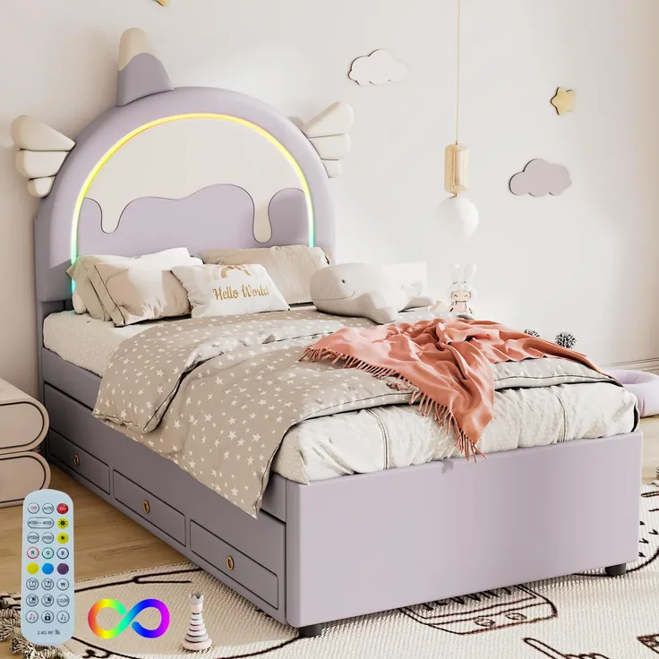 Polsterbett mit Stauraum und LED-Beleuchtung, 90x200 cm, Kopfteil höhenverstellbar, Kinderbett, Einzelbett, Kunstleder – Bild 2