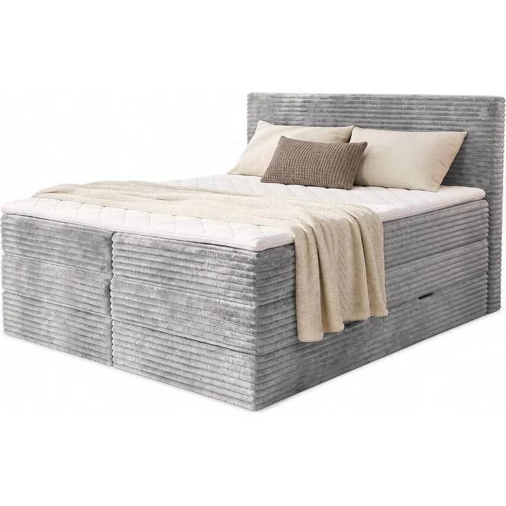 Boxspringbett Mollo XL mit 2 Bettkästen und Topper, mit Taschenfederkern- und Bonellfederkernmatratze, Doppelbett, Polsterbett aus Cordstoff mit Stauraum (Grau (Tilia 86), 140 x 200 cm) – Bild 1