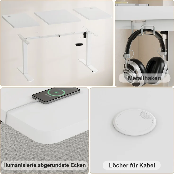 JUMMICO Schreibtisch elektrisch höhenverstellbar mit USB-Ladeanschluss, Weiß, 140x60 cm – Bild 3