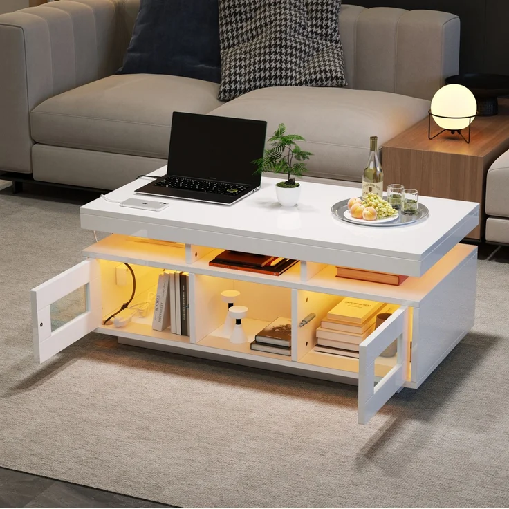 Couchtisch mit Hochglanzoberfläche, LED-Lichtstreifen & Stauraum, 100x50x43 cm, Weiß – Bild 2