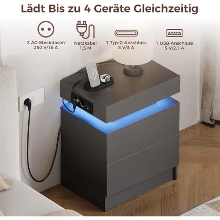 IRONCK Nachttisch Grau mit LED-Licht & Ladefunktion, Beistelltisch mit USB+Typ-C Anschlussen, Nachtschrank mit 2 Schubladen, Sofatisch für Schlafzimmer, Wohnzimmer, 35 x 48 x 60 cm – Bild 6