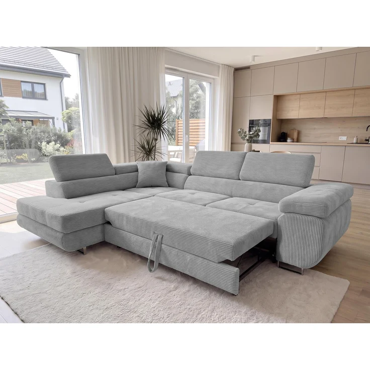 AX LIVING Konak Cord-Schlafsofa L Hellgrau 276 cm breit – Bettkasten & Kopfstützen – Bild 2