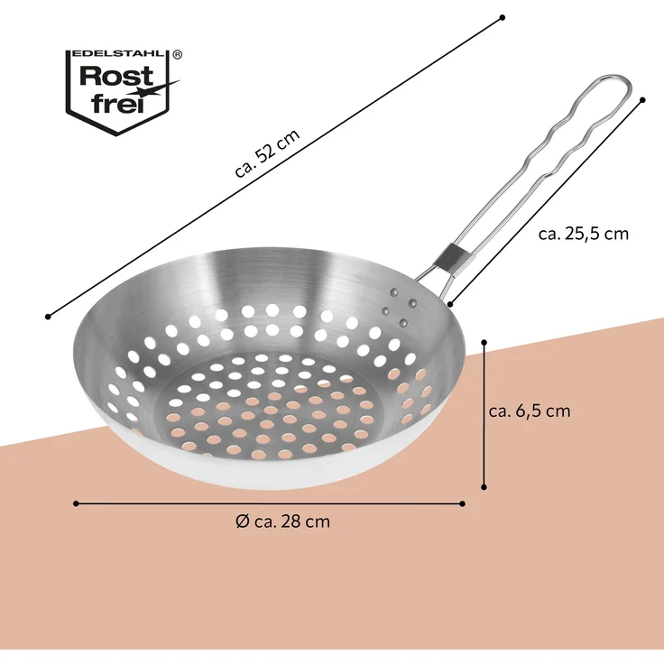 Grillpfanne rund // mit Klapp-Griff // Edelstahl ca. Ø 28 x 6,5 x 52 cm // Grillkorb Grillwok – Bild 7