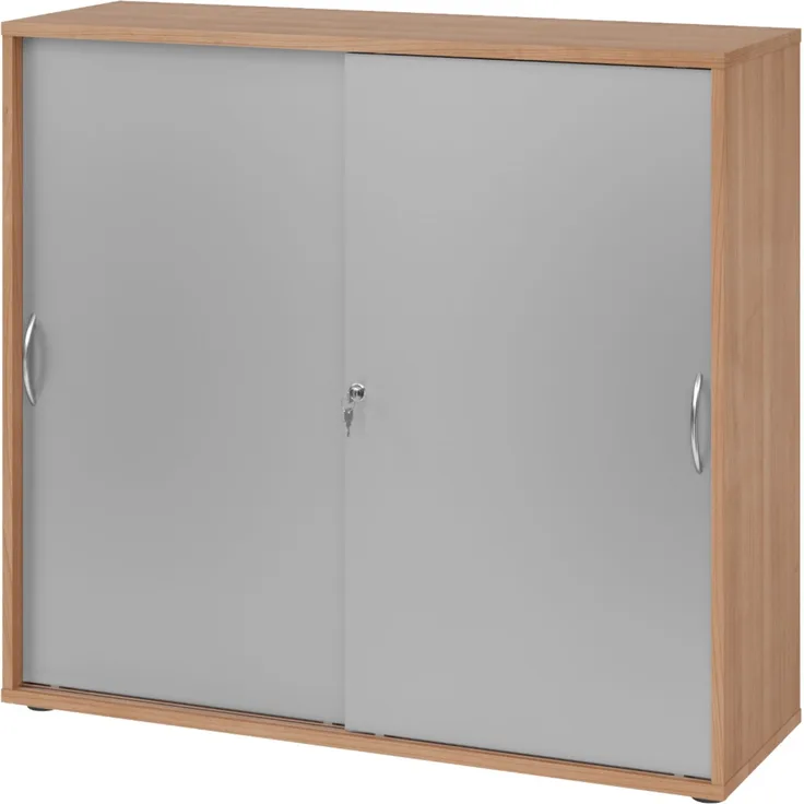 bümö Schiebetürenschrank 3OH - Aktenschrank abschließbar, Sideboard Schrank mit Schiebetüren in Nussbaum/Silber, Bogengriff - Büroschrank aus Holz mit Schiebetür, Büro Kommode für Ordner & Co, 1753S-N-S-BM