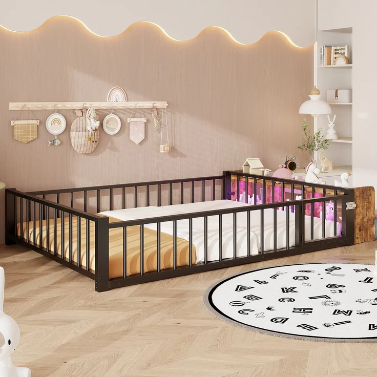 Kinderbett mit LED-Streifen, Regal, Zaun, Lattenrost und Tür, 140x200 cm, Einzelbett mit Rausfallschutz, Metallbett – Bild 2