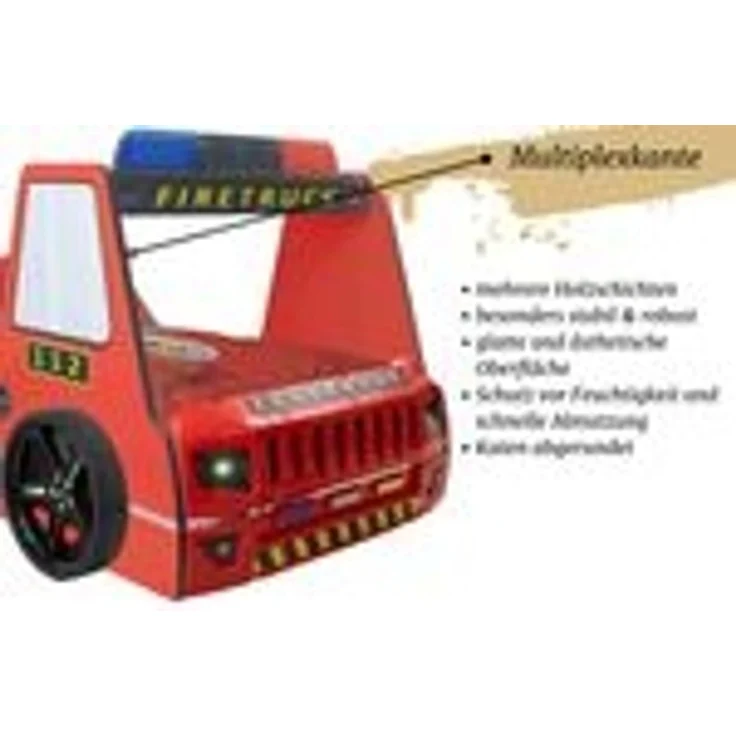 Autobett Kinderbett 90x200 Feuerwehrbett "Rio Firetruck" Hochglanz mit LED Leuchte Rot – Bild 4