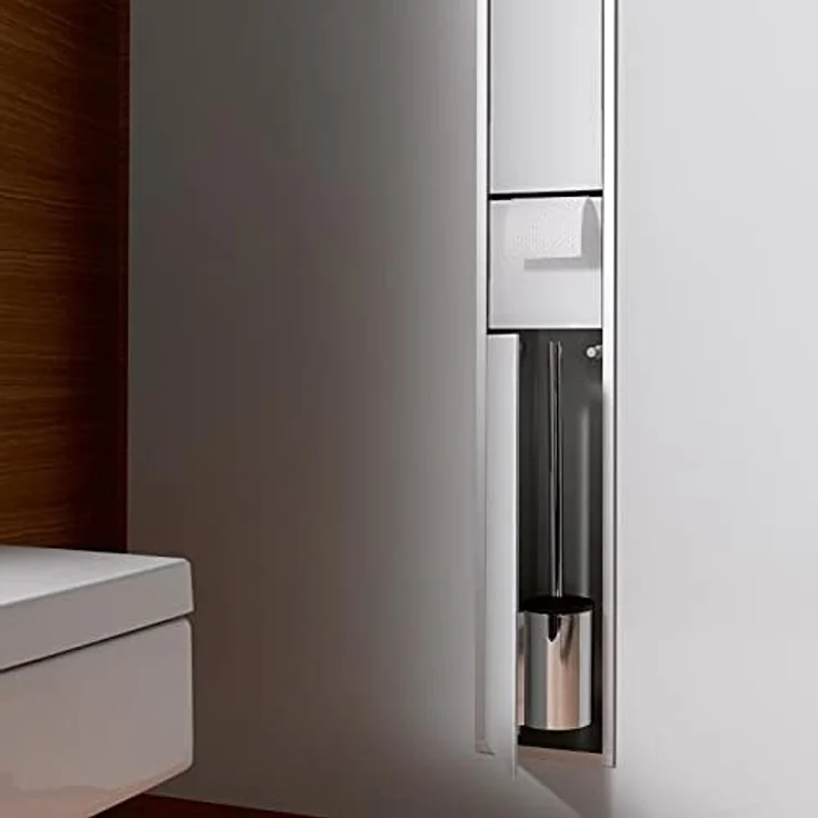 Emco Asis 150 Unterputz-Schrankmodul für das Gäste-WC, Badezimmerschrank als Toilettenpapierhalter, Abfalleimer & Klobürstenhalter, Hochschrank mit Push to Open-Funktion, optiwhite – Bild 4