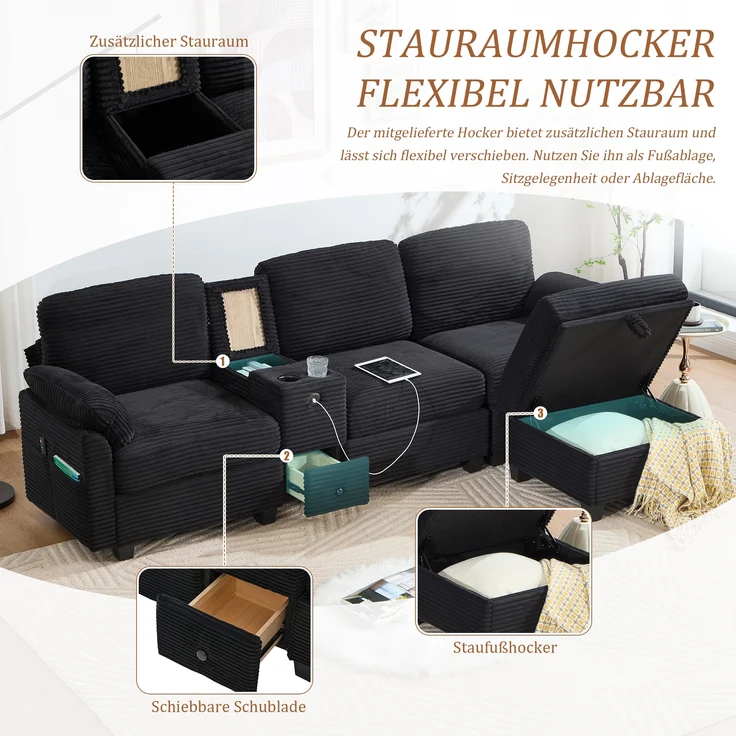 LVHOM 3-Sitzer Sofa mit Hocker, L-Form Ecksofa mit Stauraum, USB-C-Anschluss und 2 Getränkehaltern, modulares Sofa, Schwarz – Bild 3