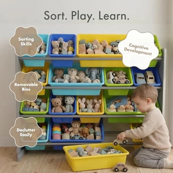 Humble Crew buntes Kinderregal, Grau/Blau/Grün/Gelb! 16 Boxen für Spielzeug, ideal für Kinderzimmer. Fröhliche Ordnung schaffen! – Bild 6