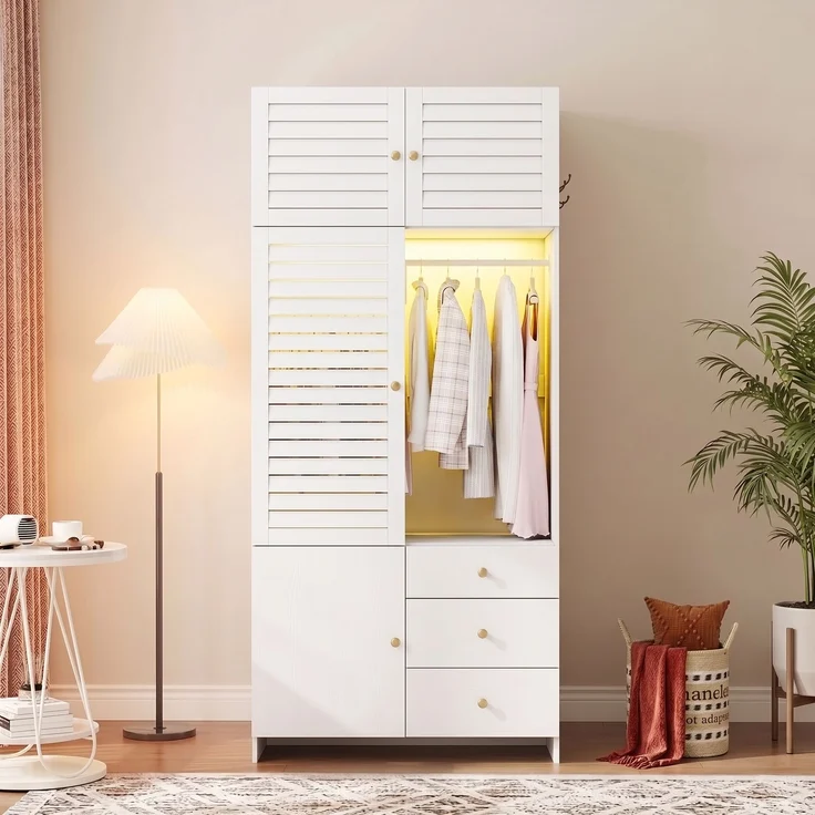 Drehtürenschrank 90 x 50 x 200 cm aus Spanplatte in Weiß mit LED-Kleiderstange – Bild 2