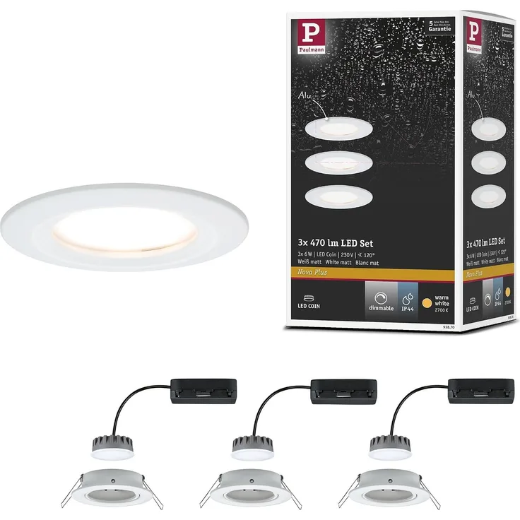 Paulmann No. 93870 Einbauleuchte LED Coin Slim IP44 rund 6W Weiß 3er-Set dimmbar