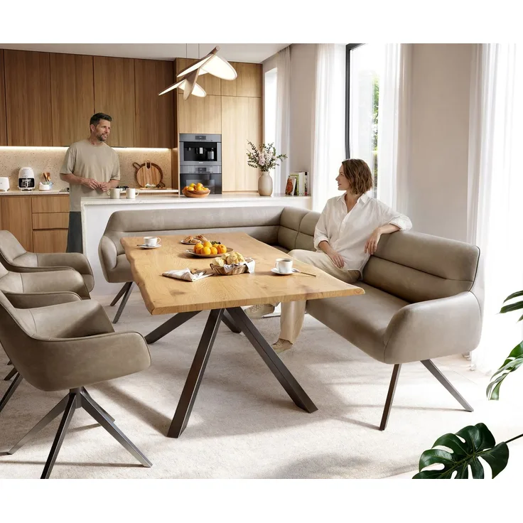 Esszimmerbank Taya-Flex 285x190 cm Mikrofaser Beige Vintage Kreuzgestell kantig Graphit Taschenfederkern Rechts