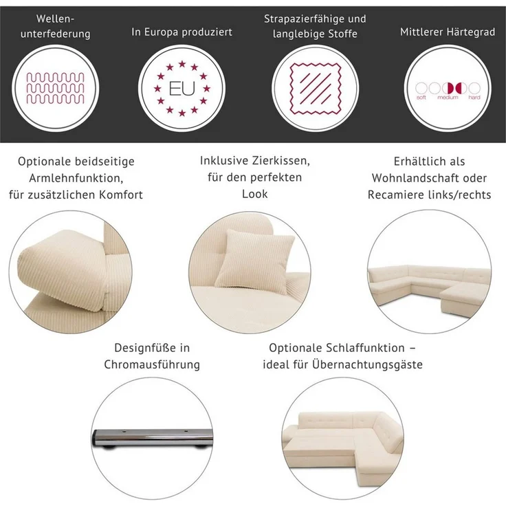 DOMO collection Wohnlandschaft Moric U-Form auch in Cord, im XXL-Format, wahlweise mit Bettfunktion und Armlehnenverstellung – Bild 3