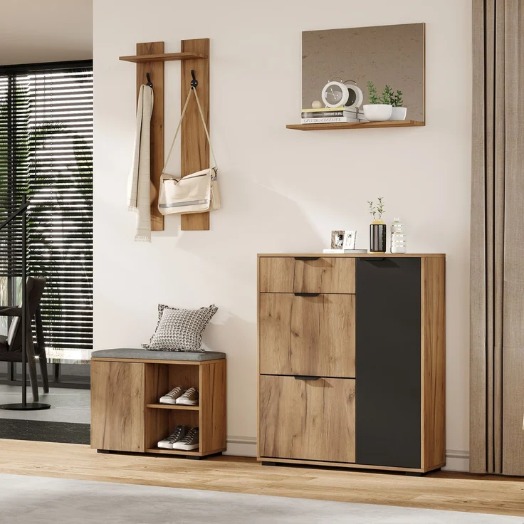 Wohnora-Flur-Garderoben-Set, Wandgarderobe; Garderoben-Set mit Schuhbank und Schuhschrank, 1 Spiegel, 1 Schublade, 2 Haken, 4 Türen, naturfarben und black, B140× T35 × H139 cm,H 139cm x T 140cm x B 35cm,Natürlich – Bild 1