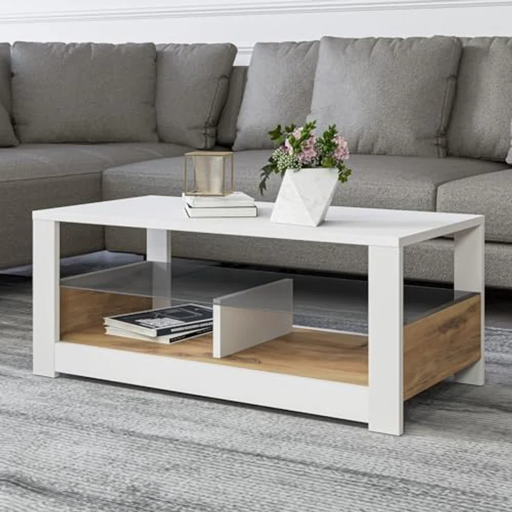 Modern Coffee Table with Glass Shelf, White & Oak, 90 x 37 x 45 cm | 100% Melamine Coated Particle Board, 18 mm Thick | Wall-Mountable, Stylish Design – Bild 2