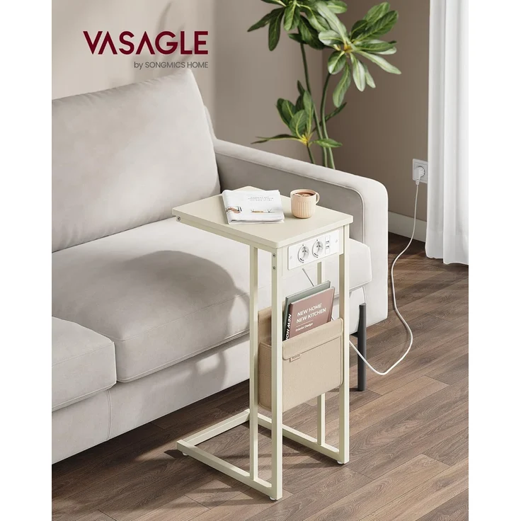 VASAGLE Beistelltisch, Sofatisch mit Ladestation, C Form, Couchtisch klein, Stofftasche, verstellbare Füße, Schlafzimmer, Wohnzimmer, 2 USB-Anschlüsse, 2 AC-Steckdosen, cremeweiß LET356W02 – Bild 2