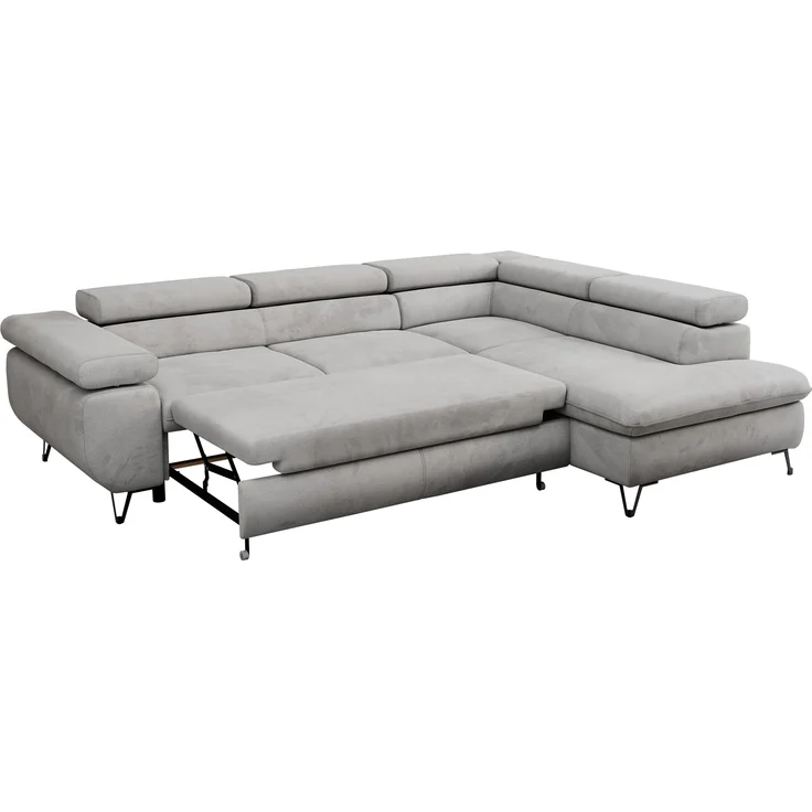 Mks Möbel 'Peter L-form' Ecksofa mit Bettfunktion, Bettkasten & einstellbaren Kopfstützen, Hellgrau, Velours, mit Topper, rechts – Bild 6