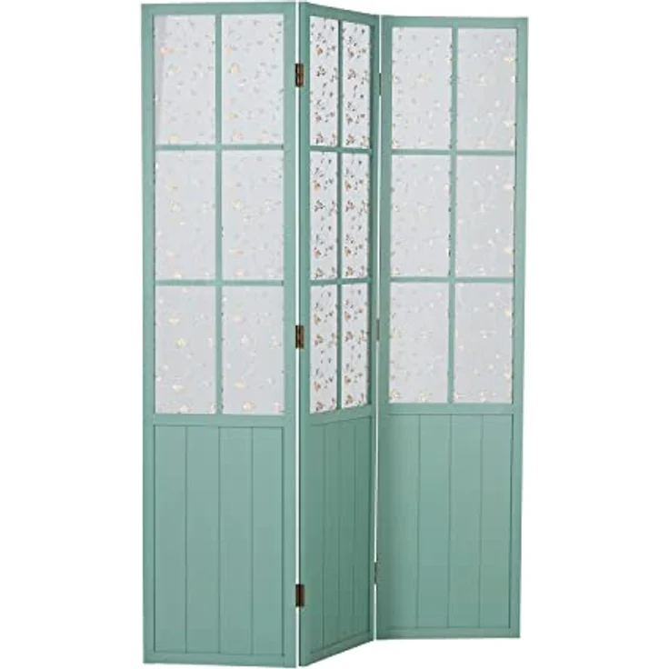 Homestyle4u Paravent, 3-teiliger Raumteiler aus Holz, türkis, mit Fenster Design und dezentem Blütenmuster, 120x170x2 cm, zusammenklappbar – Bild 3