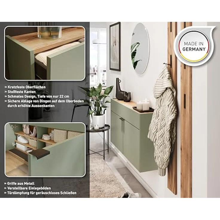 XXXL Garderobe GW-Ameca, 2-teilig in Taupegrün und Navarra-Eiche, Schuhschrank mit Mirror, 110x200x22 cm, verstellbare Böden, bis zu 12 Paar Schuhe. – Bild 4