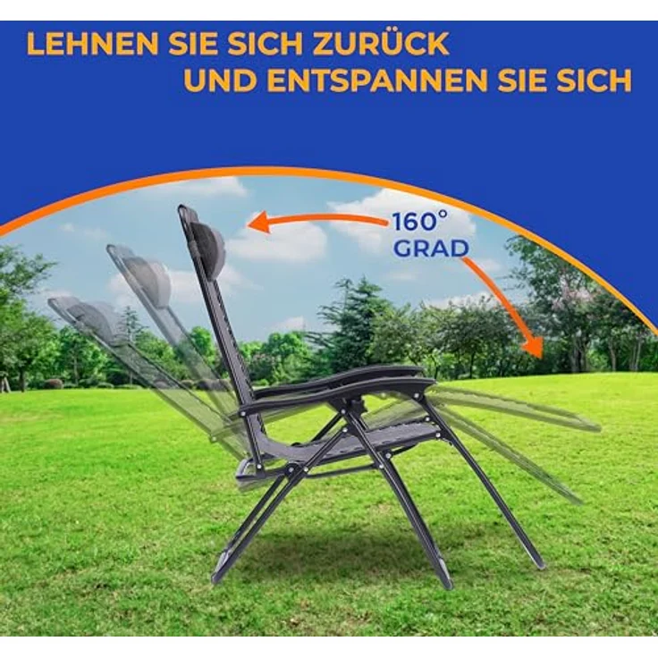 SereneLife Sonnenliege Klappbar 2er Set, Zero Gravity Liegestuhl Garten, bis 120 kg Grau, Verstellbar und Wetterfest, mit Tisch Getränkehalter und Kopfkissen, für Balkon Terrasse Camping Strand Relax – Bild 4