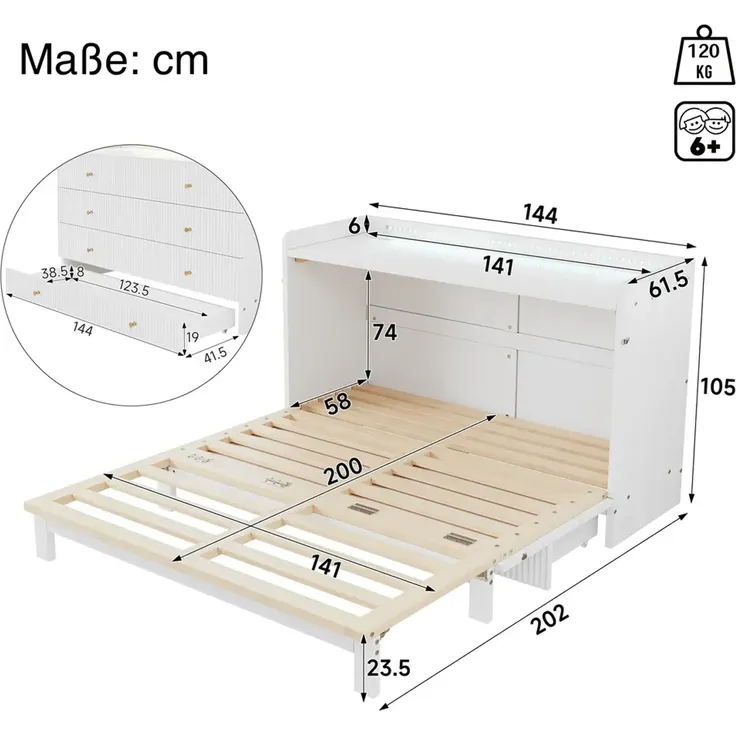 Schrankbett mit Mehrfachsteckdose, Schublade und RGB LED-Streifen, 140x200cm, Wandklappbett, horizontal klappbar, platzsparend – Bild 7
