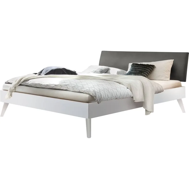 Hasena Polsterbett Pesaro Weiß mit Monet-Bezug 160x200 cm, Fußhöhe 20 cm MDF weiss deckend – Trento