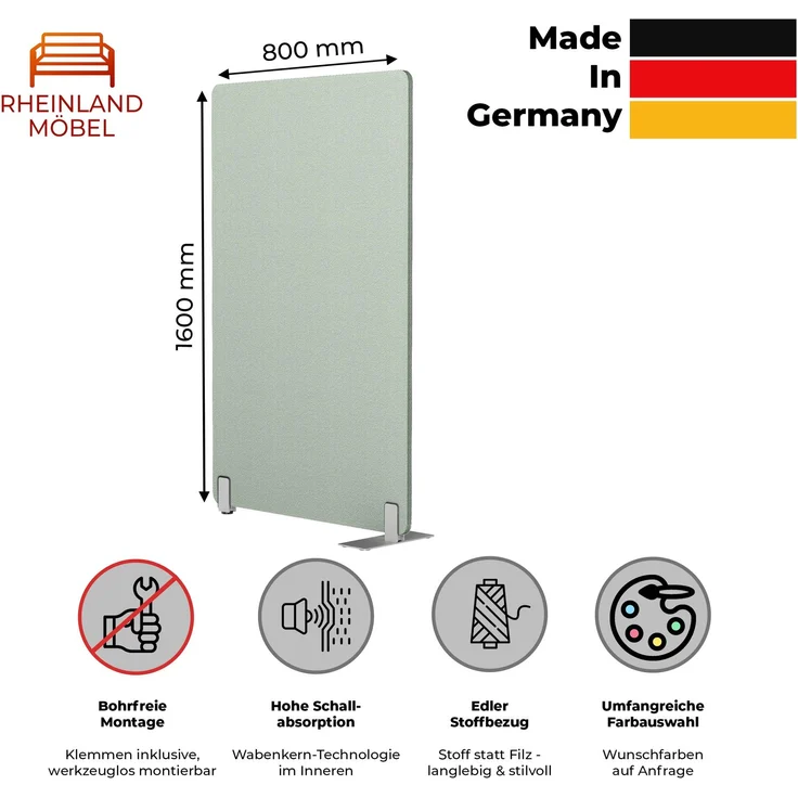 Rheinland Möbel FocusWall STW0816 – Akustik-Stellwand 800×1600 mm in Stofffarbe Adobo inkl. Standfüßen – Schreibtisch-Trennwand für Büro & Homeoffice – Schallschutz – Made in Germany – Bild 2