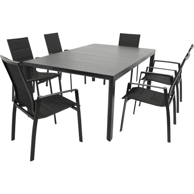 DEGAMO LAGOS III Gartengarnitur, Aluminium, anthrazit, 7-teilig (6x Stapelsessel, 1x Ausziehtisch 195/255x120cm) – Bild 1