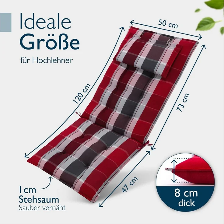 Beautissu Hochlehnerauflage 4er Set Sun-HL Hochlehner Auflage 120x50x8cm Rot-Anthrazit-Gestreift, Mit Kopfpolster, rutschfest & robust – Befestigungsbänder, UV 5 – Bild 3