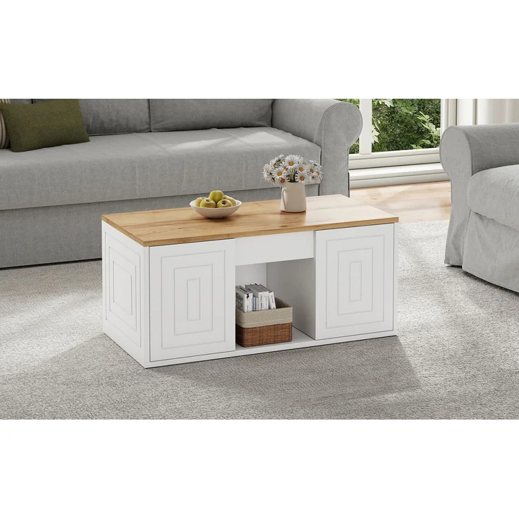 Couchtisch 46 x 95 x 45 cm, mit Höhenverstellung, in Holzoptik, Konstruktion aus Spanplatte, Weiß / Naturfarben – Bild 21